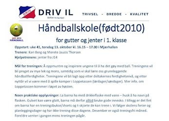 Oppstart håndballskole 13. oktober for alle født 2010